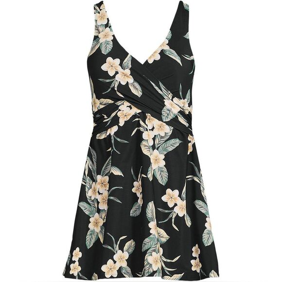 Land's End Slender Suit Swim Dress 1 Piece black plumeria floral Various sizes - Picture 1 of 8